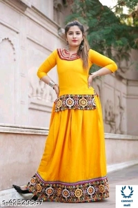 Stylish  RETRO  Women Ethenic Embroidered Rayon  Skirts And Tops - M, Yellow, Rayon, Multipack of1